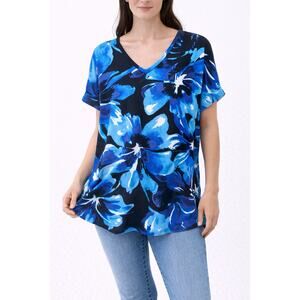 JESS & JANE | Blue Floral V-Neck Short Sleeve Stretch Knit Top | Large
